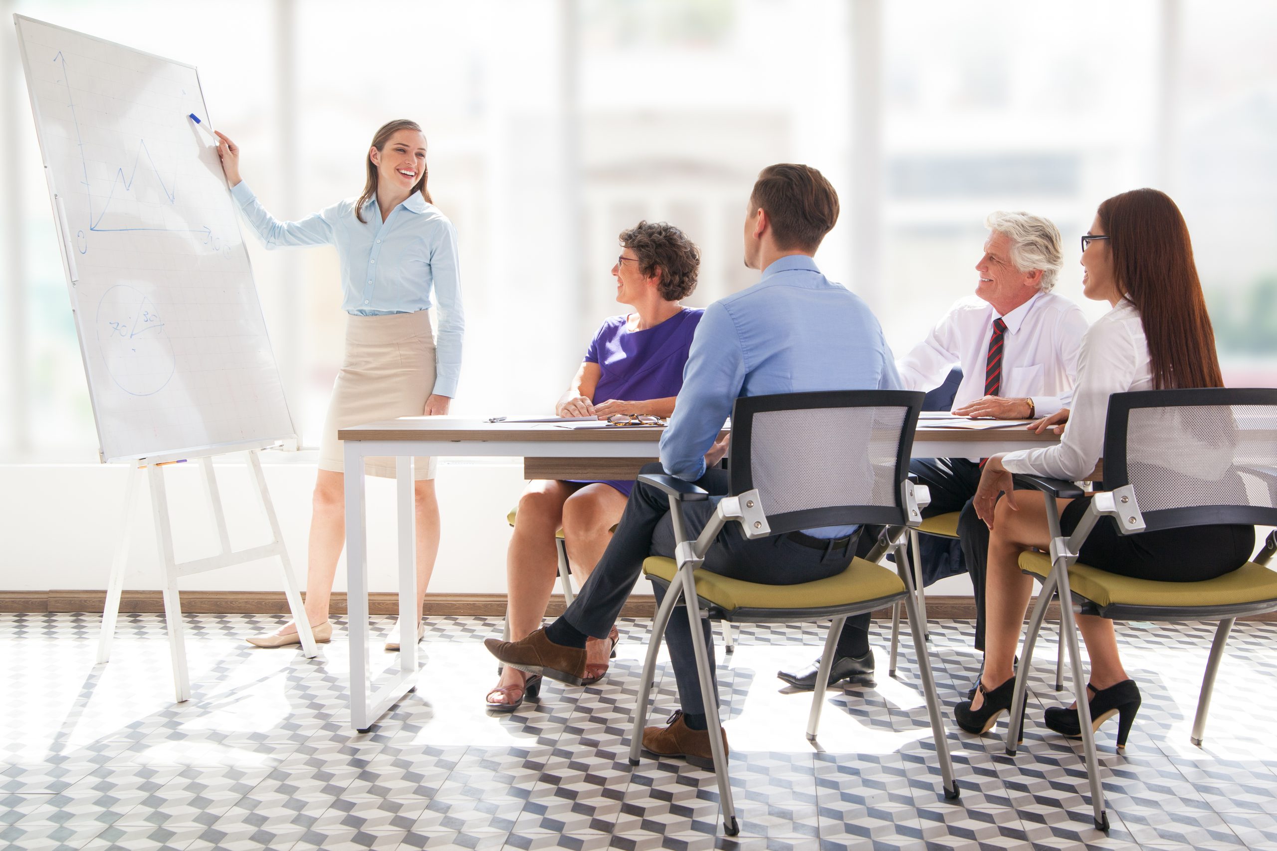 Cheerful young businesswoman pointing at whiteboard and explaining strategy. Confident business coach presenting project to staff. Colleagues listening to presenter. Business meeting concept